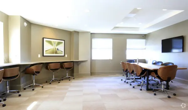 Office conference room with new commercial flooring and built-in worktops