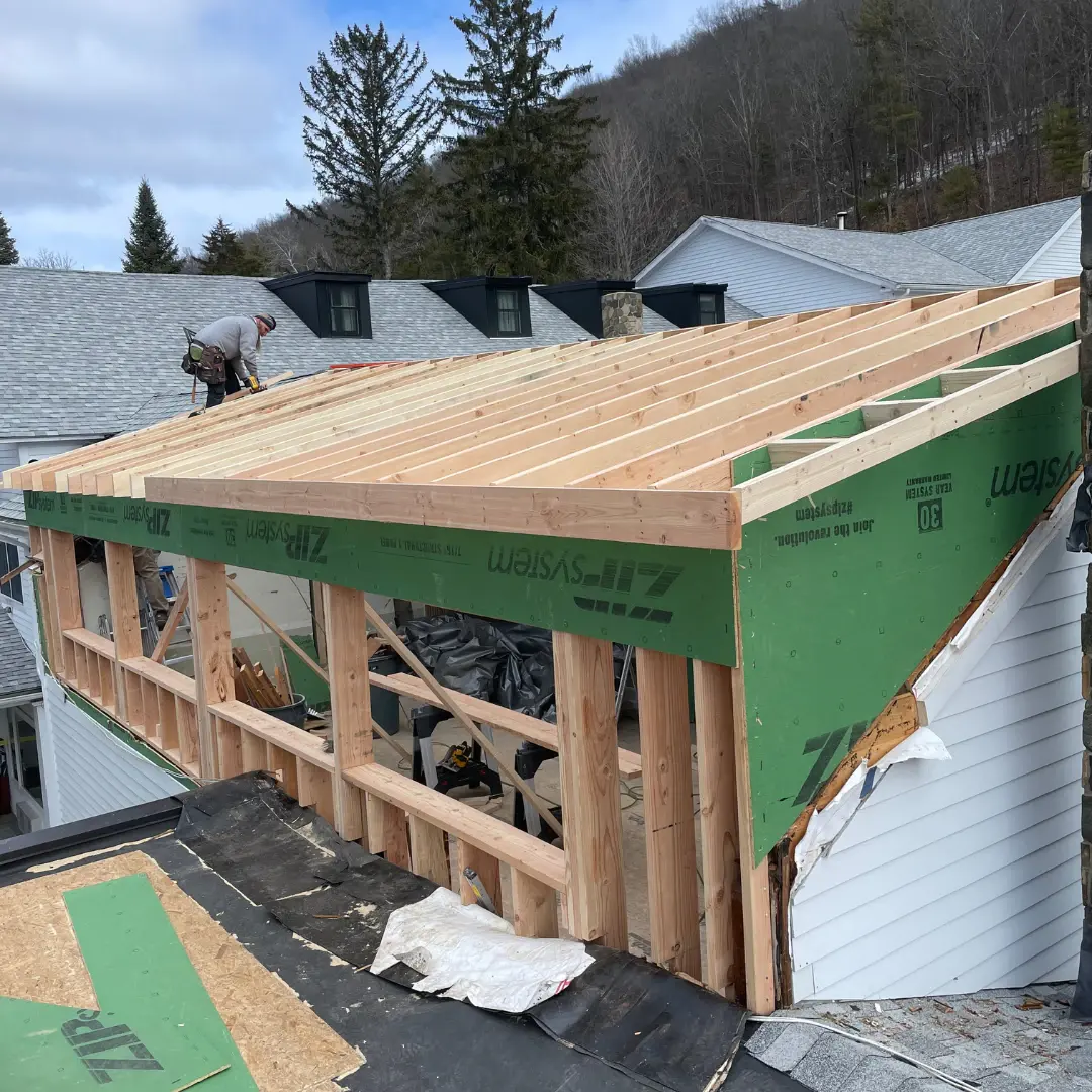 Roof framing and sheathing on a new addition